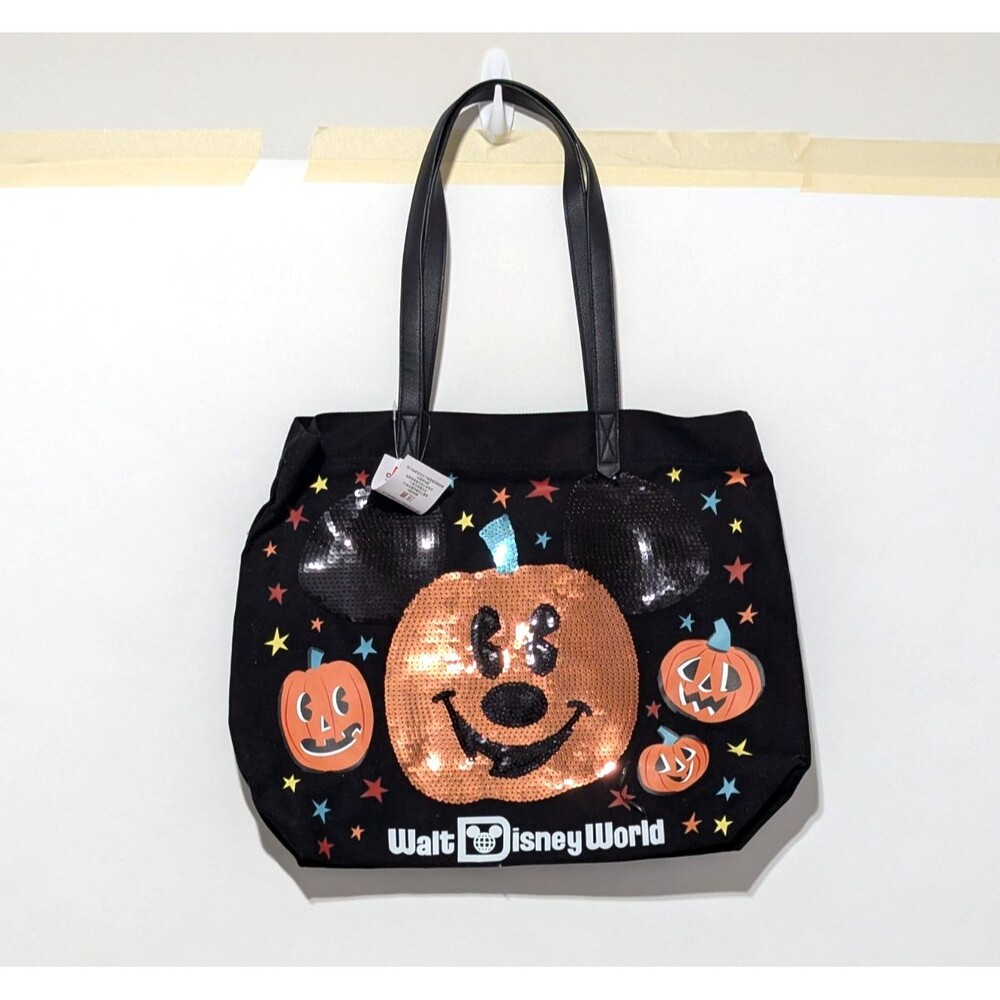 Disney Parks Disneyworld Mickey Mouse Sequined Canvas Tote Bag Halloween Pumpkin